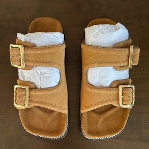 Free People FP Sage Square Toe Footbed Slides Roasted Pecan Leather Suede Sz 8